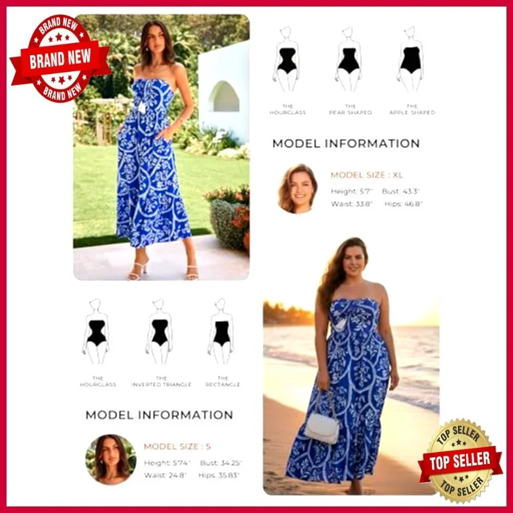 Strapless Floral Maxi Dress Boho Elegant Tiered Smocked Back Pockets